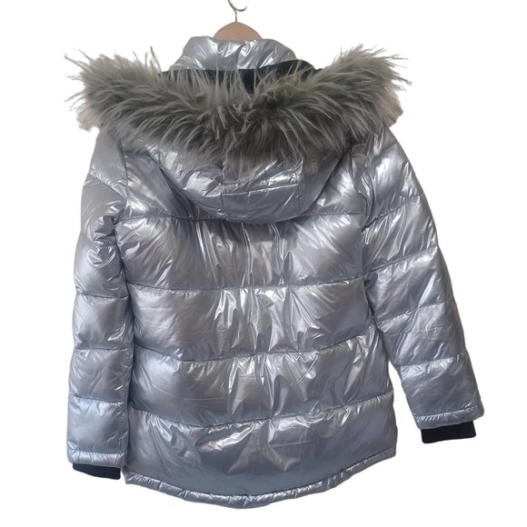 DIESEL Girls Silver Metallic Puffer Removable Faux Fur Jacket Size 14 - Picture 1 of 6